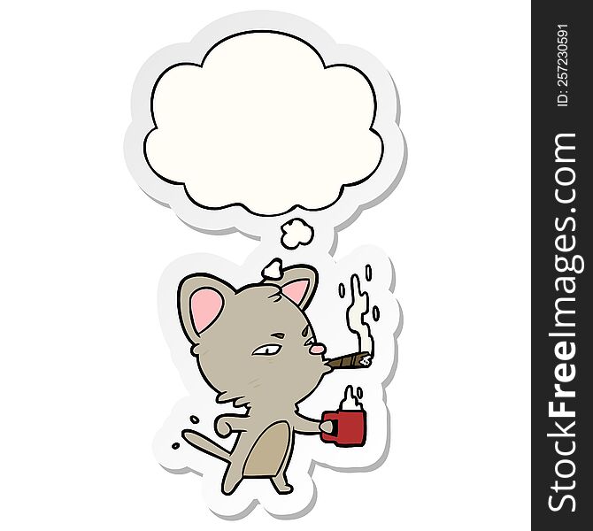 cartoon cat with coffee and cigar with thought bubble as a printed sticker