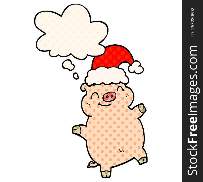cartoon happy christmas pig with thought bubble in comic book style