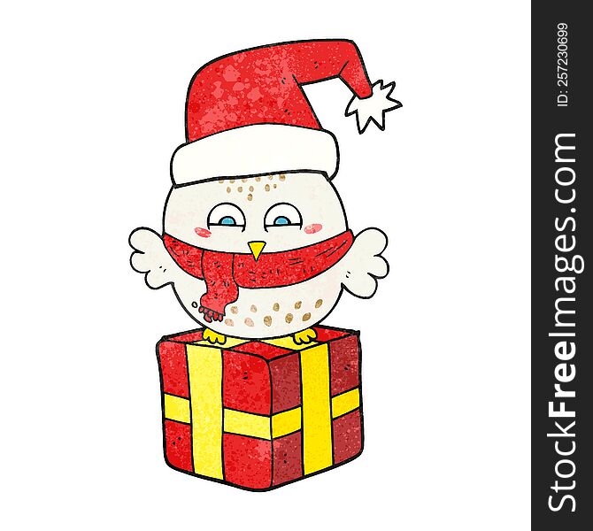 Textured Cartoon Cute Christmas Owl On Gift