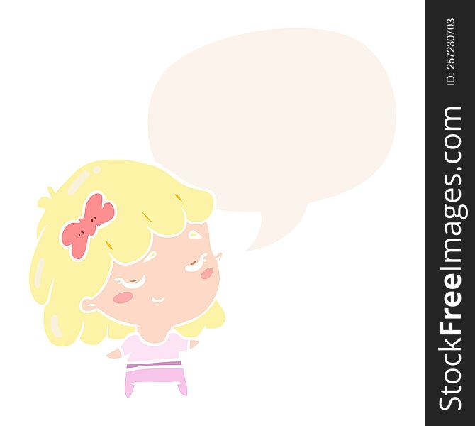 Cute Cartoon Happy Girl And Speech Bubble In Retro Style