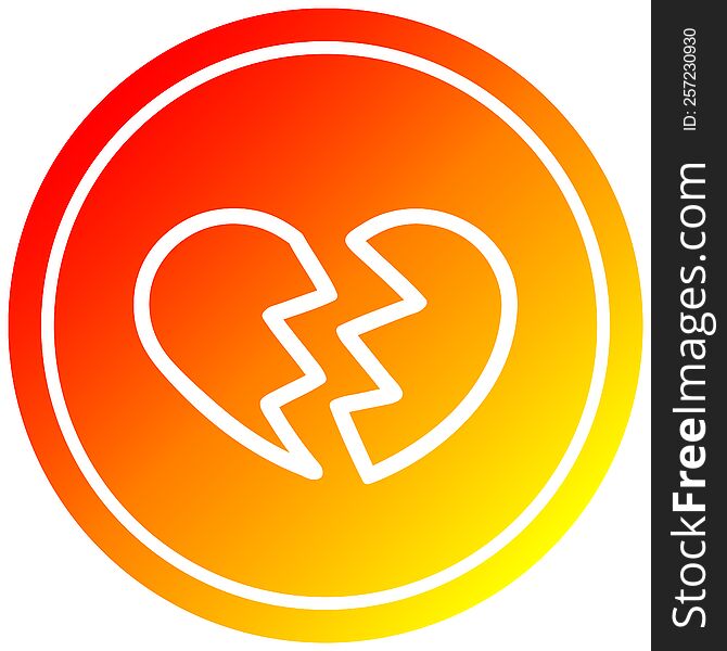 broken heart circular icon with warm gradient finish. broken heart circular icon with warm gradient finish