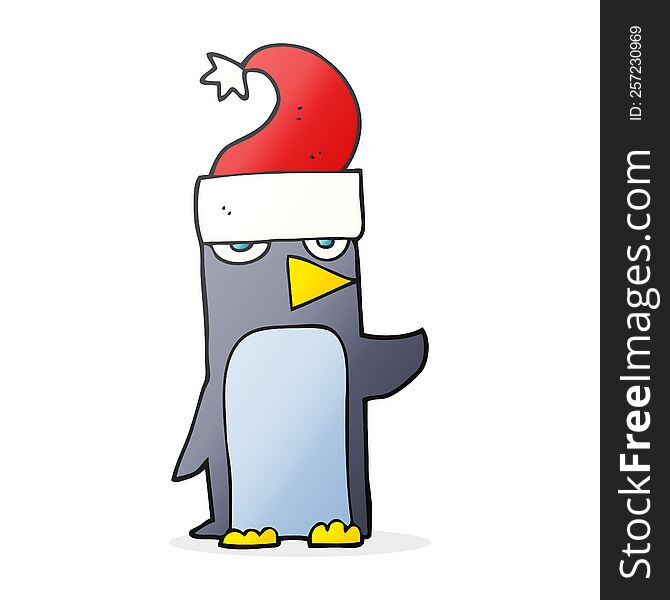 freehand drawn cartoon penguin in christmas hat
