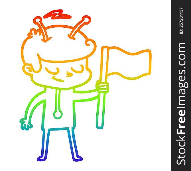 Rainbow Gradient Line Drawing Friendly Cartoon Spaceman With White Flag