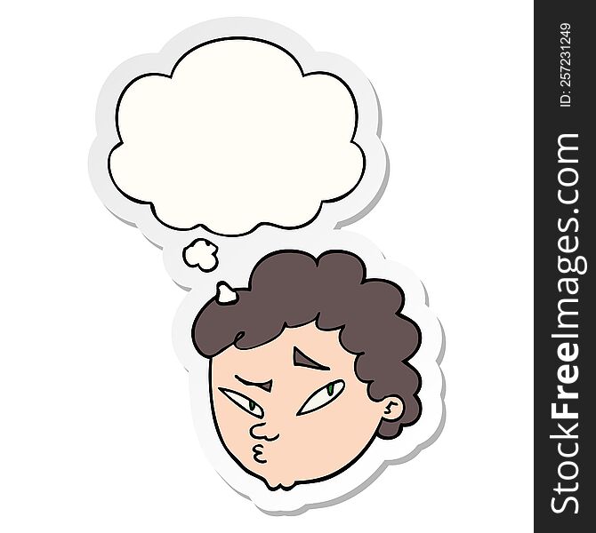 cartoon suspicious man with thought bubble as a printed sticker