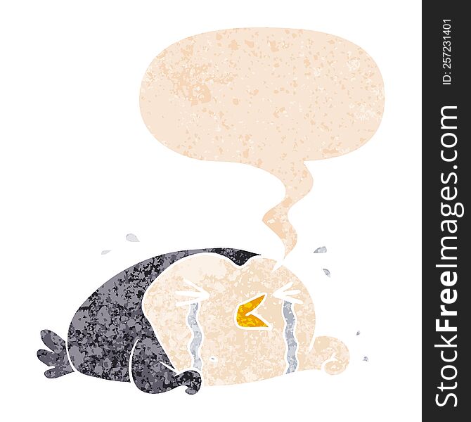 Cartoon Crying Penguin And Speech Bubble In Retro Textured Style