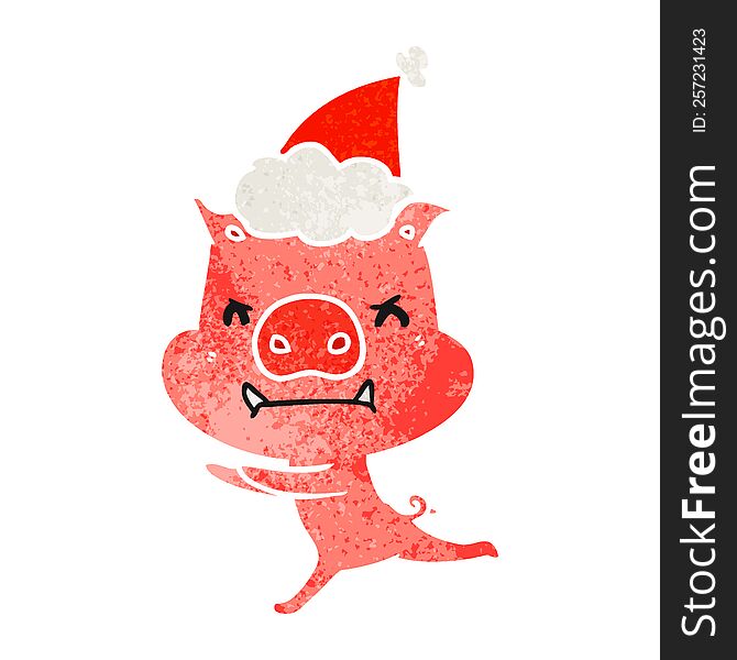 Angry Retro Cartoon Of A Pig Wearing Santa Hat