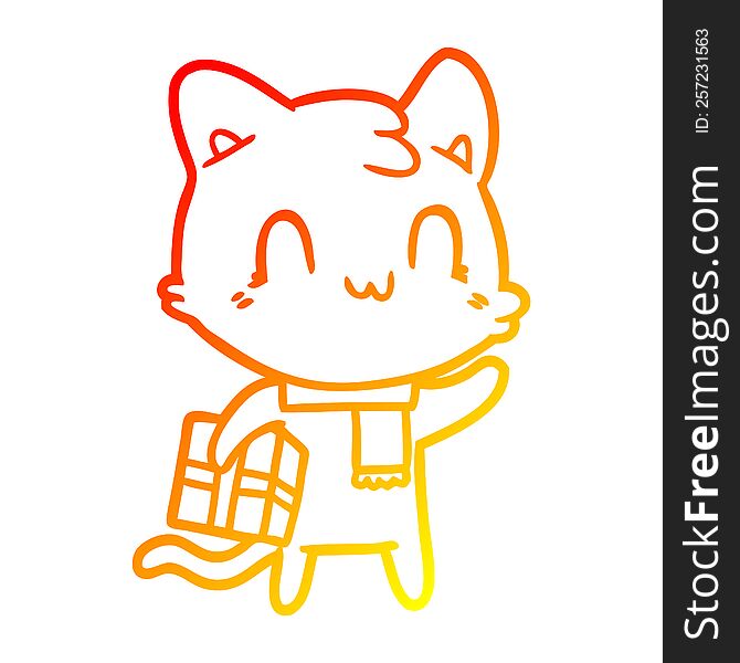 warm gradient line drawing of a cartoon happy cat wearing scarf
