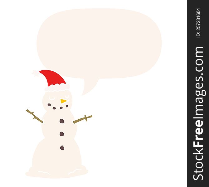 Cartoon Christmas Snowman And Speech Bubble In Retro Style