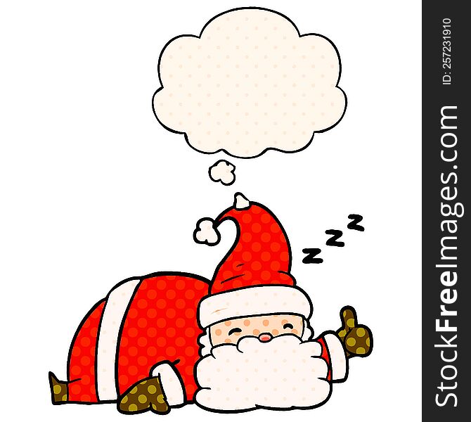 Cartoon Sleepy Santa And Thought Bubble In Comic Book Style