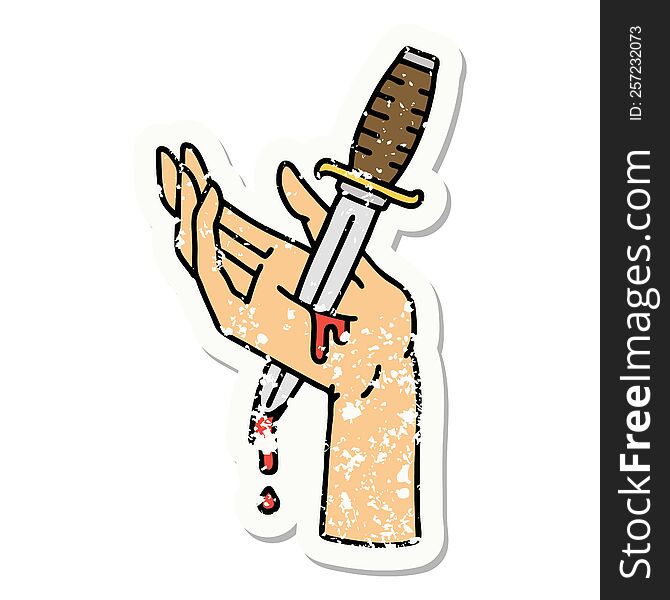 Traditional Distressed Sticker Tattoo Of A Dagger In The Hand