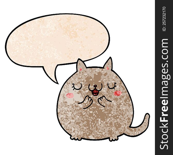 Cartoon Cute Cat And Speech Bubble In Retro Texture Style