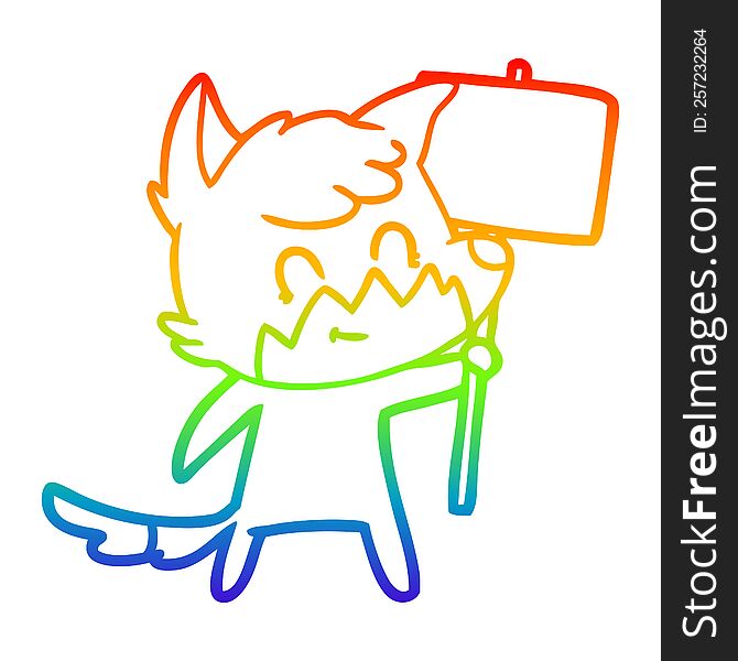 Rainbow Gradient Line Drawing Cartoon Friendly Fox With Sign