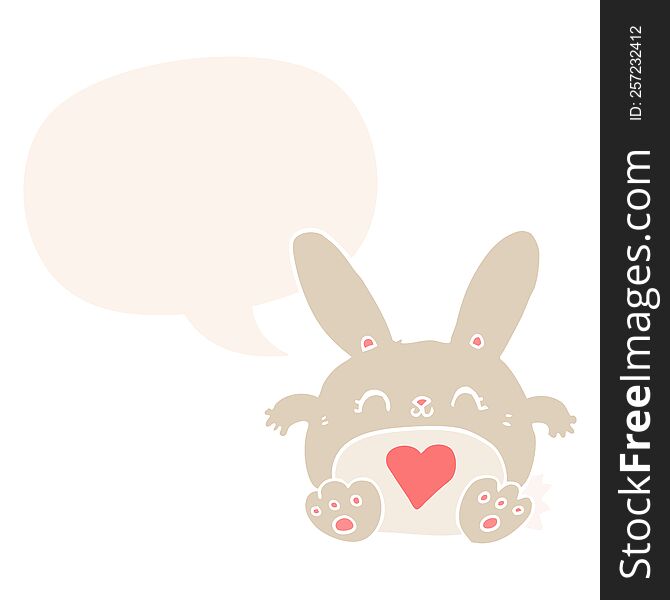 Cute Cartoon Rabbit And Love Heart And Speech Bubble In Retro Style
