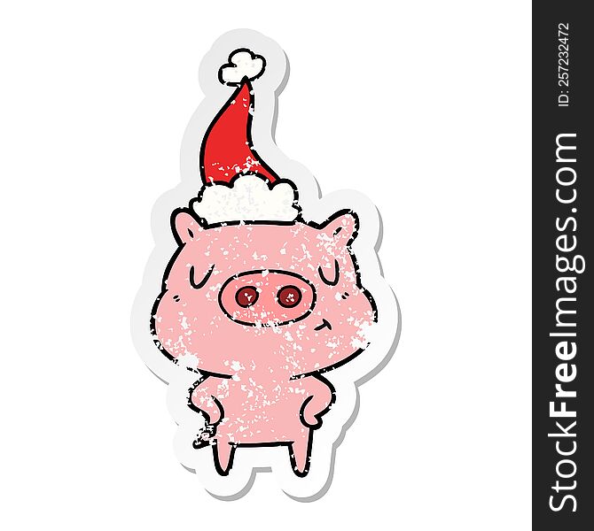 Distressed Sticker Cartoon Of A Content Pig Wearing Santa Hat