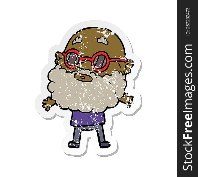 distressed sticker of a cartoon curious man with beard and sunglasses