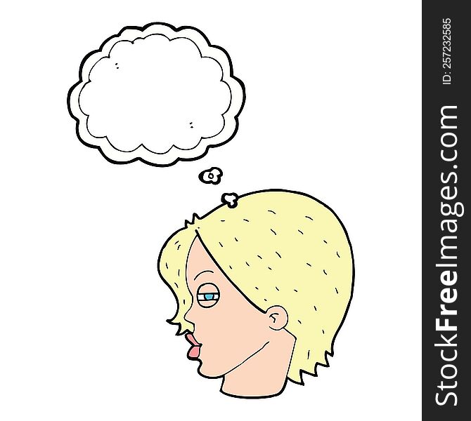 Cartoon Female Face With Narrowed Eyes With Thought Bubble