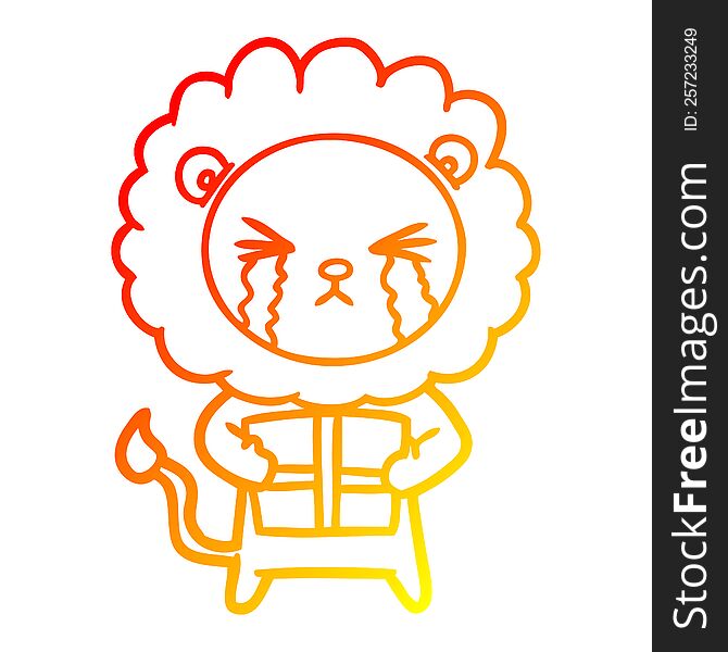 Warm Gradient Line Drawing Cartoon Crying Lion With Gift