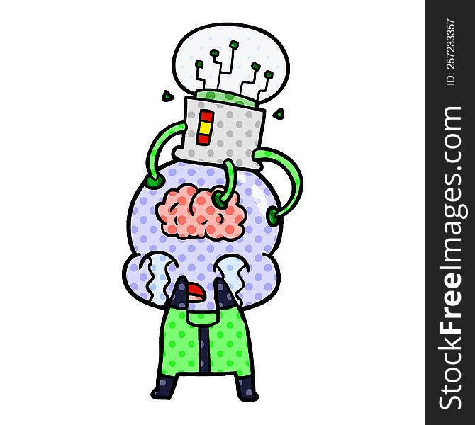 cartoon big brain alien crying with brain interface. cartoon big brain alien crying with brain interface