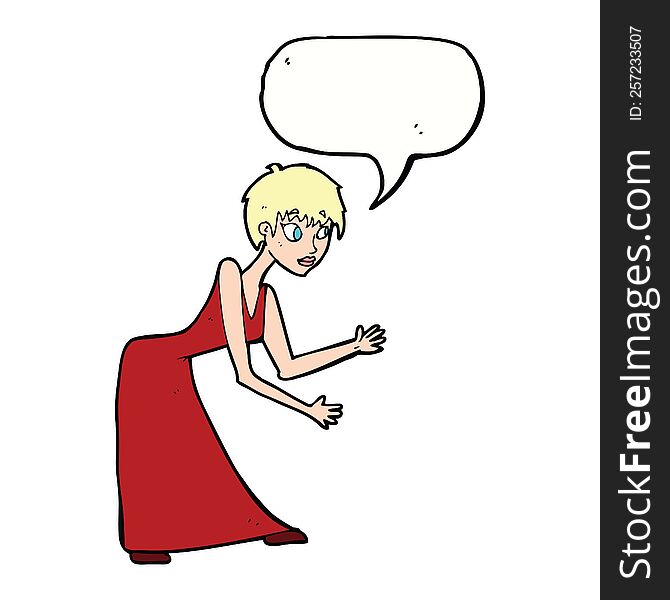 Cartoon Woman In Dress Gesturing With Speech Bubble