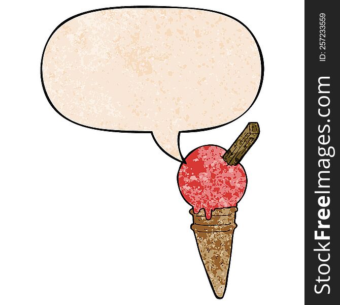 cartoon ice cream and speech bubble in retro texture style