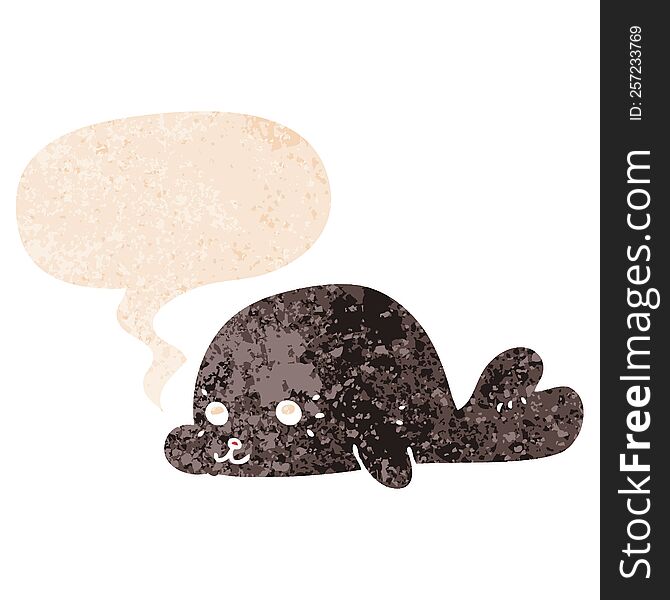 Cartoon Baby Seal And Speech Bubble In Retro Textured Style