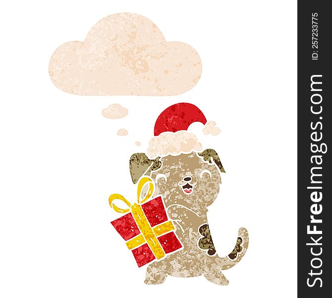 Cute Cartoon Puppy With Christmas Present And Hat And Thought Bubble In Retro Textured Style