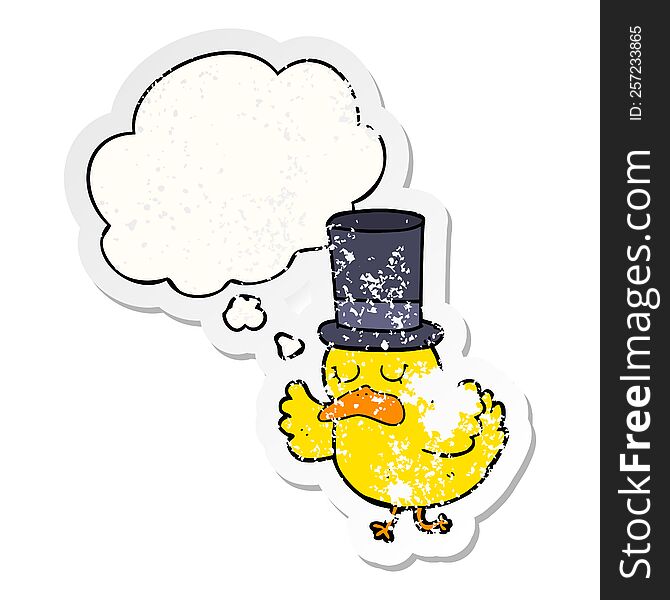 cartoon duck wearing top hat with thought bubble as a distressed worn sticker
