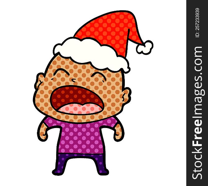 Comic Book Style Illustration Of A Shouting Bald Man Wearing Santa Hat