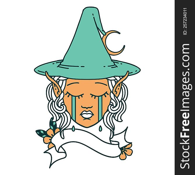 Retro Tattoo Style sad elf mage character face. Retro Tattoo Style sad elf mage character face