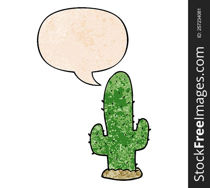 cartoon cactus and speech bubble in retro texture style