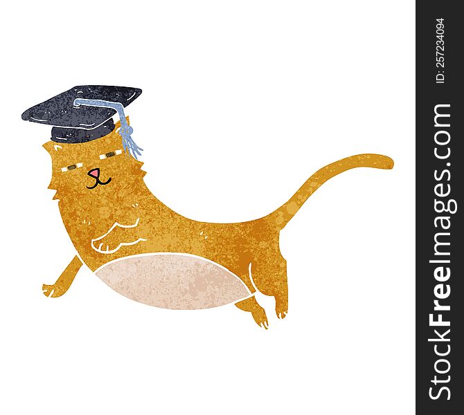 freehand drawn retro cartoon cat with graduate cap
