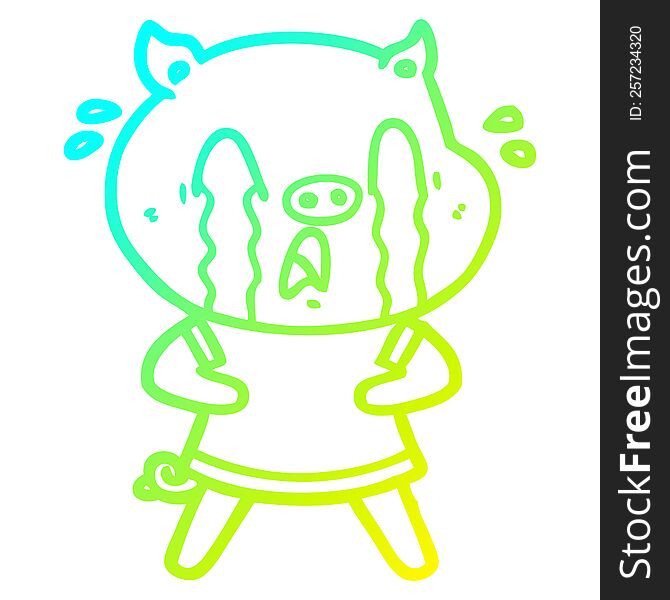 cold gradient line drawing crying pig cartoon wearing human clothes