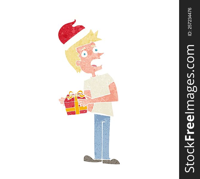 cartoon man holding a christmas present. cartoon man holding a christmas present