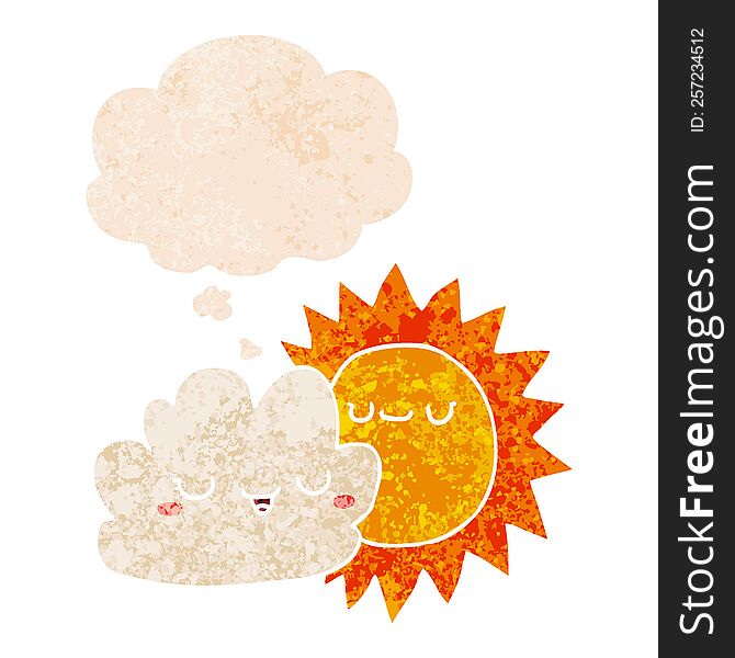 Cartoon Sun And Cloud And Thought Bubble In Retro Textured Style