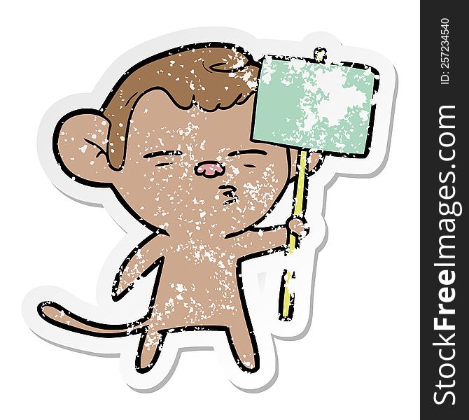 distressed sticker of a cartoon suspicious monkey with signpost
