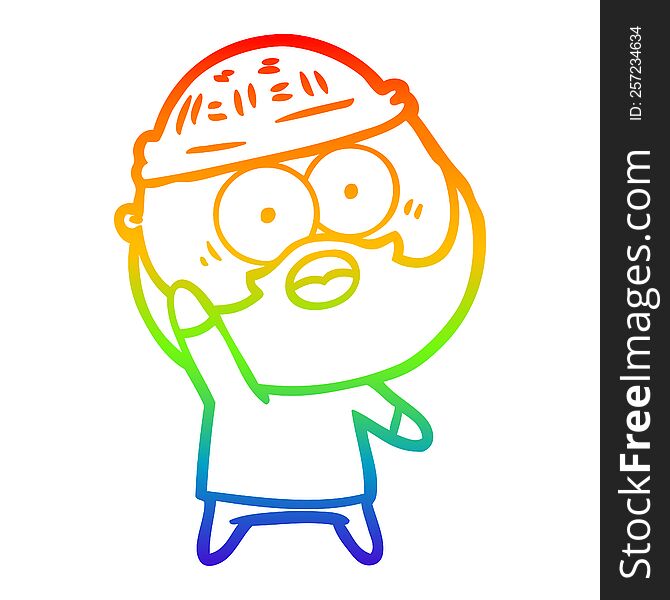 rainbow gradient line drawing of a cartoon bearded man holding up hand