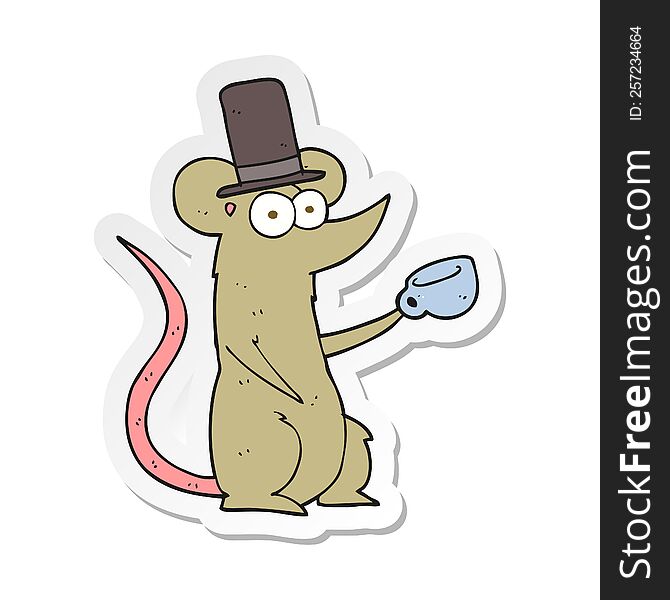 Sticker Of A Cartoon Mouse With Cup And Top Hat