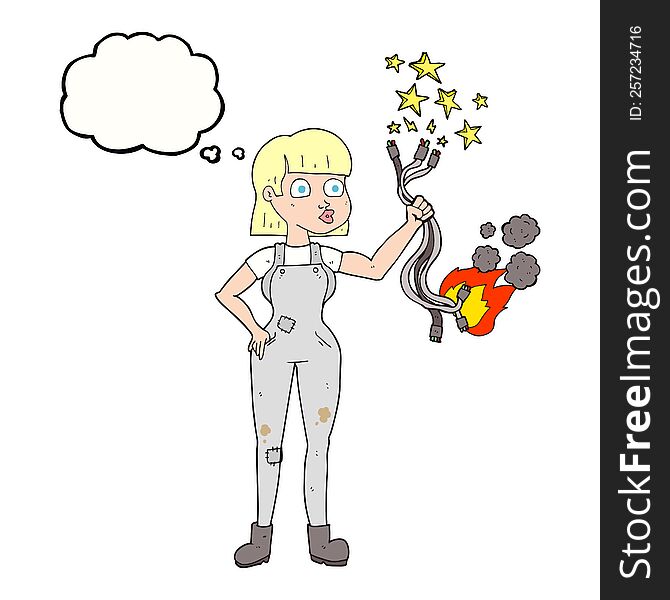 freehand drawn thought bubble cartoon female electrician