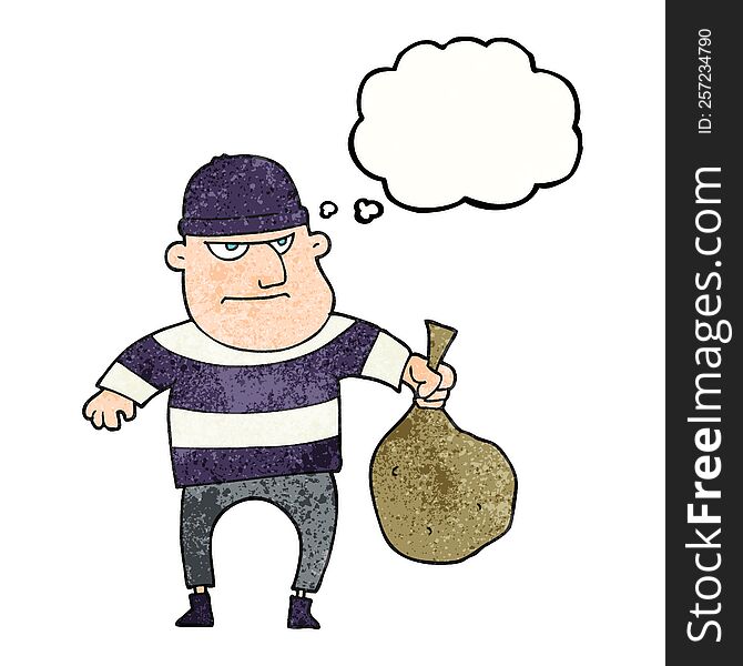 freehand drawn thought bubble textured cartoon burglar with loot bag