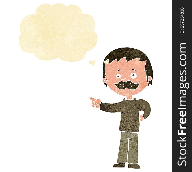 Cartoon Man With Mustache Pointing With Thought Bubble
