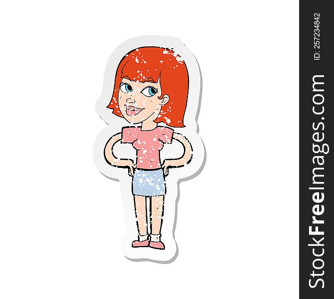 Retro Distressed Sticker Of A Cartoon Happy Woman With Hands On Hips