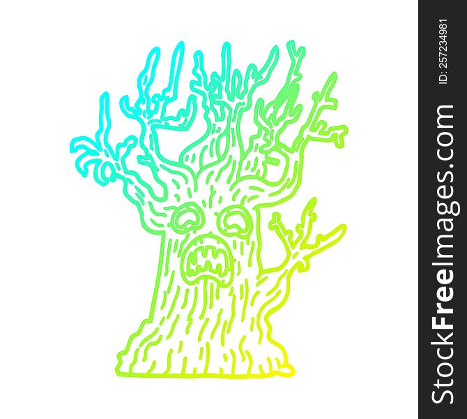 cold gradient line drawing of a cartoon spooky tree