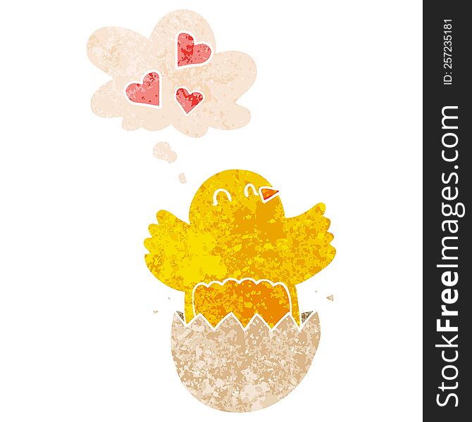 cute hatching chick cartoon with thought bubble in grunge distressed retro textured style. cute hatching chick cartoon with thought bubble in grunge distressed retro textured style