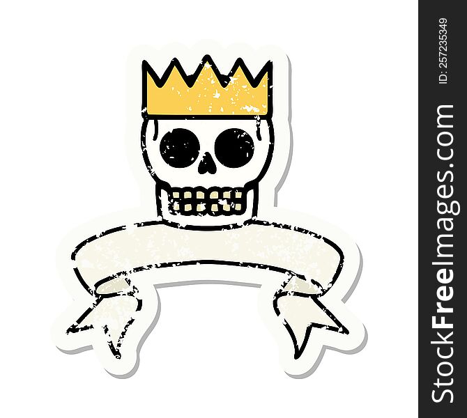 worn old sticker with banner of a skull and crown. worn old sticker with banner of a skull and crown
