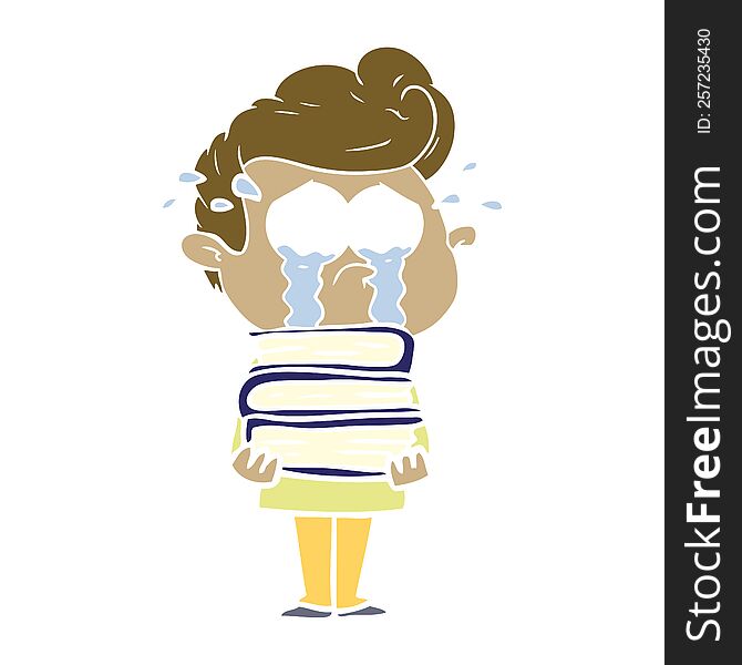 flat color style cartoon crying student with stack of books