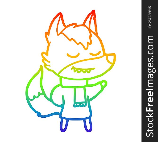 rainbow gradient line drawing of a friendly cartoon wolf wearing scarf