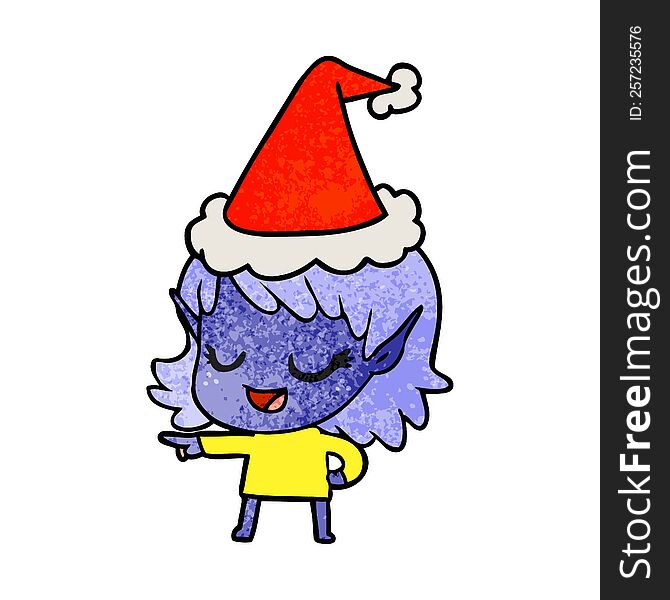 Happy Textured Cartoon Of A Elf Girl Pointing Wearing Santa Hat
