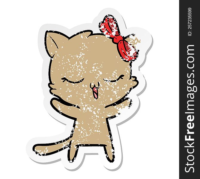 Distressed Sticker Of A Cartoon Cat With Bow On Head