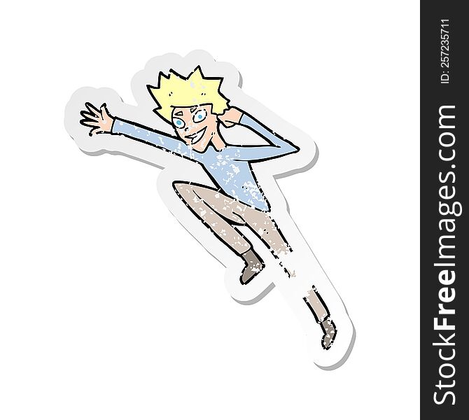 Retro Distressed Sticker Of A Cartoon Jumping Man