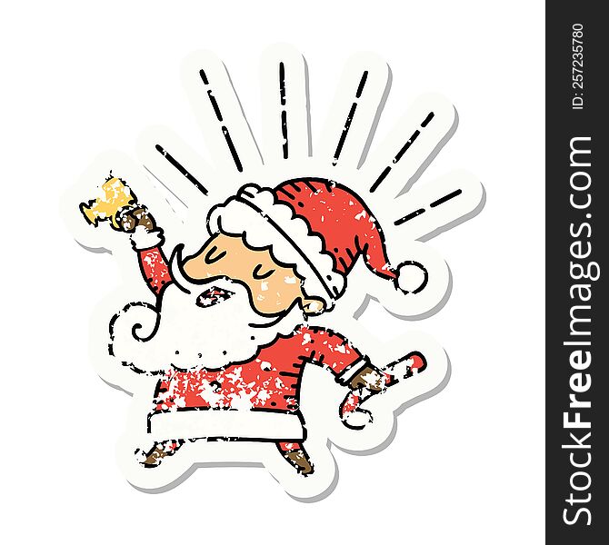 Grunge Sticker Of Tattoo Style Santa Claus Christmas Character Celebrating